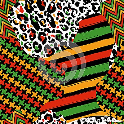 Vector seamless kwanzaa patch pattern with colored leopard print and geomerrical seamless pattern. Animal print. Cheetah african Stock Photo