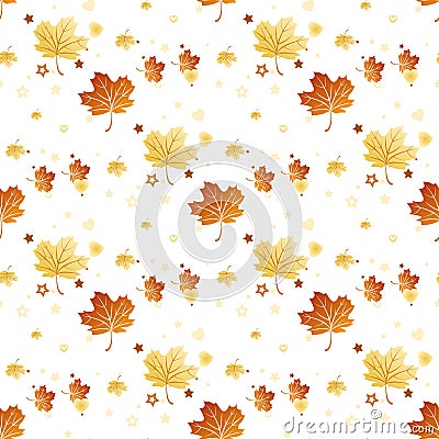 Vector seamless pattern with colorful autumn leaves, stars and heart . Various red, orange and yellow leaves on light grey backgro Stock Photo