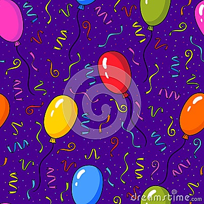 Vector seamless pattern with colorful balloons and confetti over purple background. Stock Photo