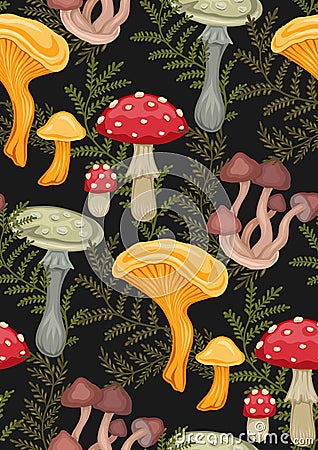 Vector seamless pattern with colorful cartoon poisonous mushrooms and fern stems on dark background. Amanita, false mushrooms Stock Photo