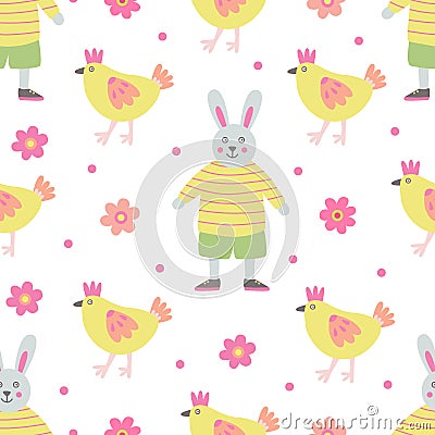 Vector seamless pattern with colorful decorative hens and bunny boys. Vector Illustration