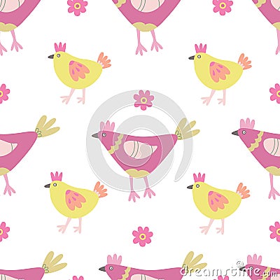 Vector seamless pattern with colorful hens, baby chickens and chamomile flowers. Vector Illustration