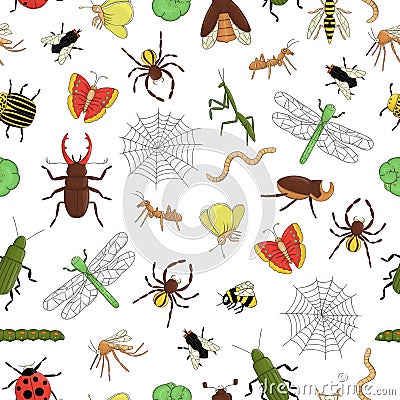 Vector seamless pattern of colorful insects. Repeat background with isolated bright bee, bumble bee, may-bug, fly, moth, Vector Illustration