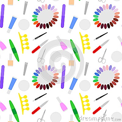 Vector seamless pattern of colorful manicure tools on a white background Vector Illustration