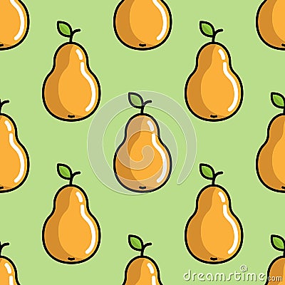 Vector seamless pattern with colorful pears on green background; flat pear icons. Vector Illustration