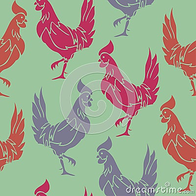 Vector seamless pattern with colorful rooster silhouettes on a green background. Vector Illustration