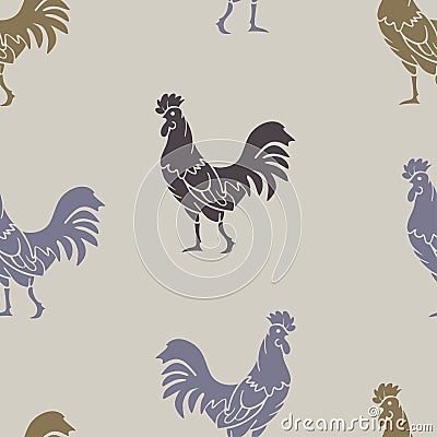 Vector seamless pattern with colorful rooster silhouettes on a light background. Vector Illustration