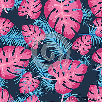 Vector seamless pattern with colorful tropical leaves. Cute bright and fun summer floral background in trendy blue pink Vector Illustration