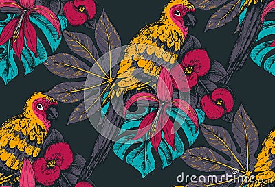 Vector seamless pattern with compositions of hand drawn tropical flowers and exotic birds Vector Illustration