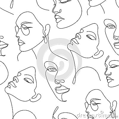 Vector seamless pattern. Continuous line art with woman faces. Linear background. Use for package, cosmetics, decor Vector Illustration