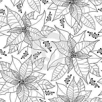 Vector seamless pattern with contour Poinsettia flower or Christmas Star on the white background. Outline floral artwork. Vector Illustration