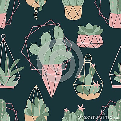 Vector seamless pattern with cozy cute cactus and succulent and glitter geometric frames. Home gardening. House plants. Botany Vector Illustration