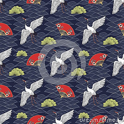 Vector seamless pattern with cranes and fans in the Japanese style. Hand drawing for the design Vector Illustration
