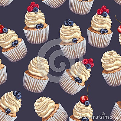 Vector seamless pattern of a crumbly, gentle wet biscuit cupcakes with a stunning soft air cheese cream, with juicy Vector Illustration