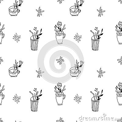 Vector seamless pattern with cup, mug, glass, flowers. Hand drawn illustration. Colorless contour ornament Vector Illustration