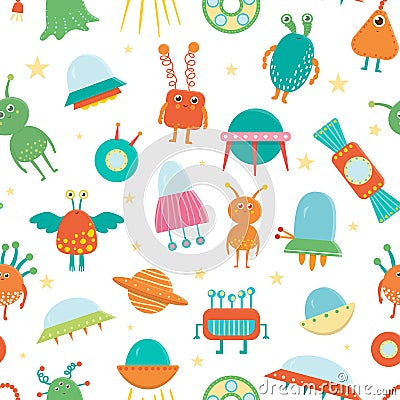 Vector seamless pattern of cute aliens, ufo, flying saucer for children Vector Illustration