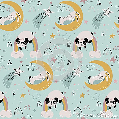 Vector seamless pattern with cute animals fliyng and sleeping on moon and rainbow. Vector Illustration