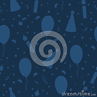 Vector seamless pattern with cute balloon, candle, party hat. Party celebration repeating Birthday background. Dark blue Vector Illustration