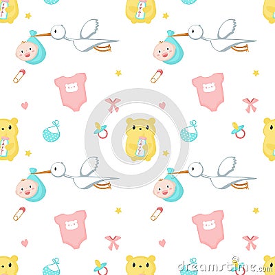 Baby shower vector seamless pattern with newborn items Vector Illustration