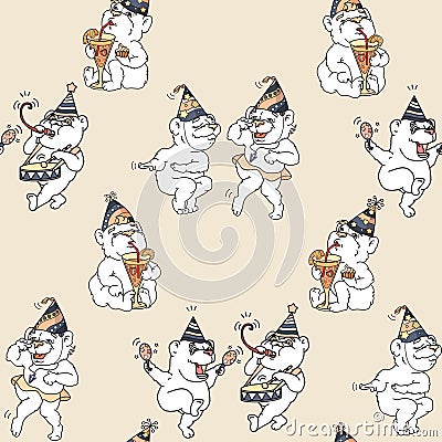 Vector Seamless pattern with cute bears in party hats Vector Illustration