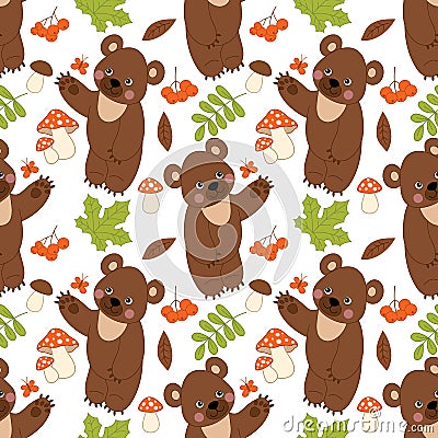 Vector Seamless Pattern with Cute Brown Bears, Mushrooms, Berries and Leaves Vector Illustration