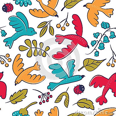 Vector seamless pattern with cute cartoon birds, plants,berries Vector Illustration