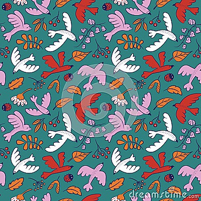 Vector seamless pattern with cute cartoon birds, plants,berries Vector Illustration