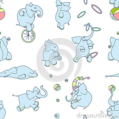 Vector seamless pattern of cute cartoon elephants. Circus elephants clowns with balls, hoops, unicycles Vector Illustration