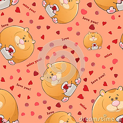 Vector seamless pattern with cute cartoon fat hamsters. Funny animals. Thick amusing beasts. Texture on pink background. Template Vector Illustration