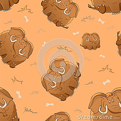 Vector seamless pattern with cute cartoon fat mammoth and bones. Funny animals. Thick amusing beasts. Texture on beige background Vector Illustration