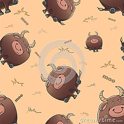 Vector seamless pattern with cute cartoon fat severe bulls. Funny animals. Thick amusing beasts. Texture on beige background. Vector Illustration