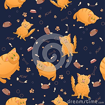 Vector seamless pattern with cute cartoon fat and strange cats. Funny animals. Thick amusing beasts. Texture on dark blue Vector Illustration