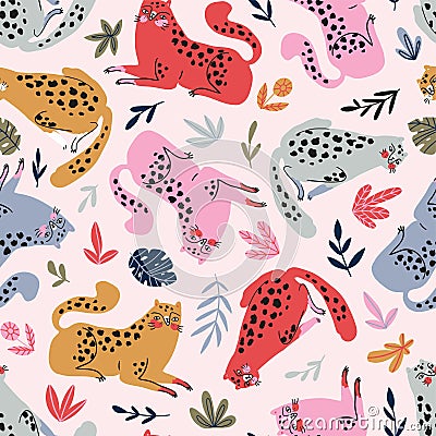 Vector seamless pattern with cute cheetahs on the pink background. Tropical animals. Fashionable fabric design Vector Illustration