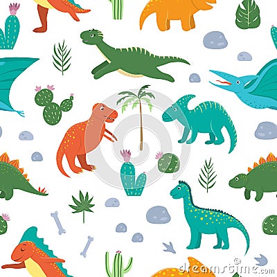 Vector seamless pattern with cute dinosaurs with palm trees, cactus, stones, footprints, bones for children. Dino flat cartoon Vector Illustration