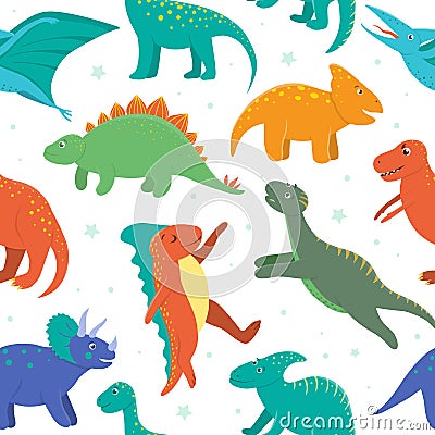 Vector seamless pattern with cute dinosaurs on white background Vector Illustration