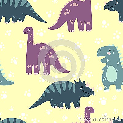 Vector seamless pattern with cute dinosaurus in flat cartoons style. Childish repeated background with funny dinosaurs in kids doo Stock Photo