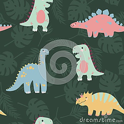 Vector seamless pattern with cute dinosaurus with tropicals leaves on stripes background in flat cartoons style. Childish repeated Vector Illustration