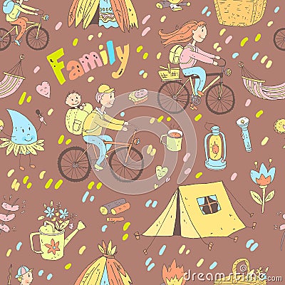 Vector seamless pattern with cute doodle family. Equipment for c Vector Illustration