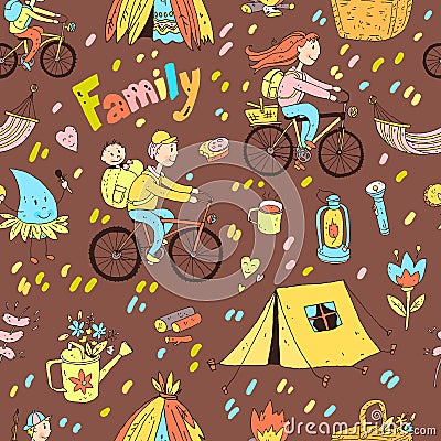 Vector seamless pattern with cute doodle family. Equipment for c Vector Illustration