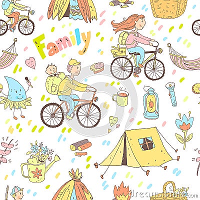 Vector seamless pattern with cute doodle family. Equipment for c Vector Illustration