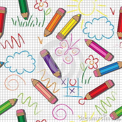 Vector seamless pattern. Cute drawings and pencils on a checkered Background Vector Illustration