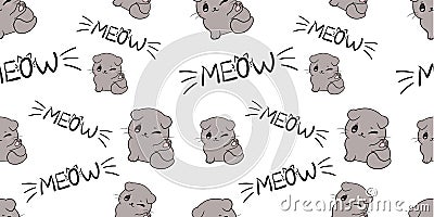 Vector Seamless Pattern, Cute Gray Cats and Meow Words on White, Background Template. Vector Illustration
