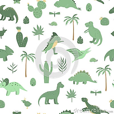 Vector seamless pattern with cute green dinosaurs with palm trees, cactus, stones, Vector Illustration