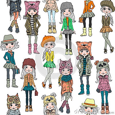 Vector seamless pattern with cute hipster girl Vector Illustration