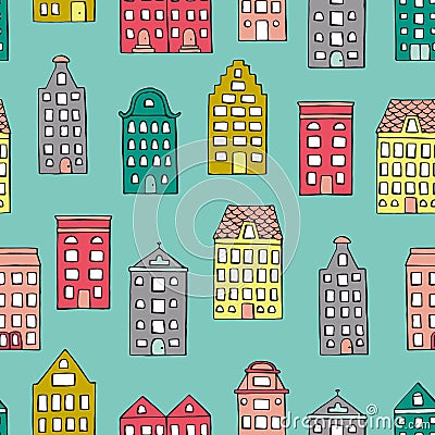 Vector seamless pattern with cute houses on blue background Vector Illustration
