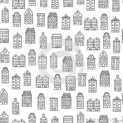 Vector seamless pattern with cute houses on white background Vector Illustration