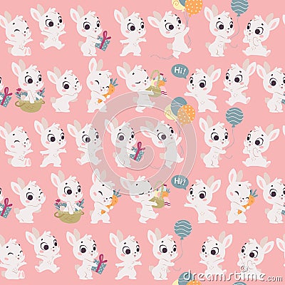 Vector seamless pattern with cute little white bunnies isolated. Vector Illustration