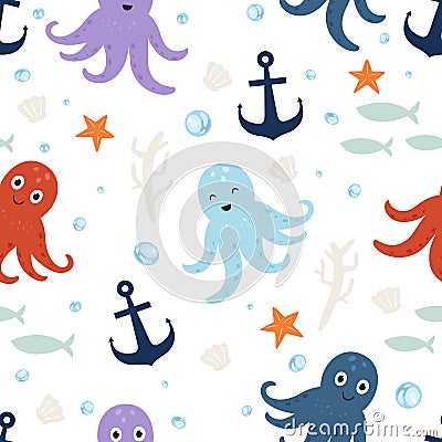 Vector seamless pattern Cute octopus Vector Illustration