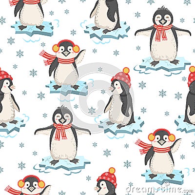 Vector seamless pattern with cute penguins on ice floes. Nordic funny cartoon pets. Stock Photo