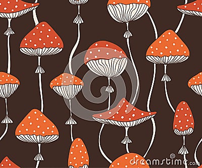 Vector seamless pattern with cute red fly-agaric amanita mushrooms. Doodle style wallpaper or fabric design. Vector Illustration